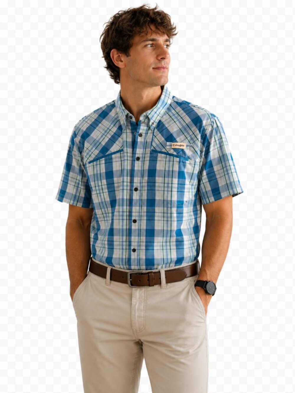 Magellan Outdoors Men's Blue Plaid Fishing Shirt Short Sleeve Performance